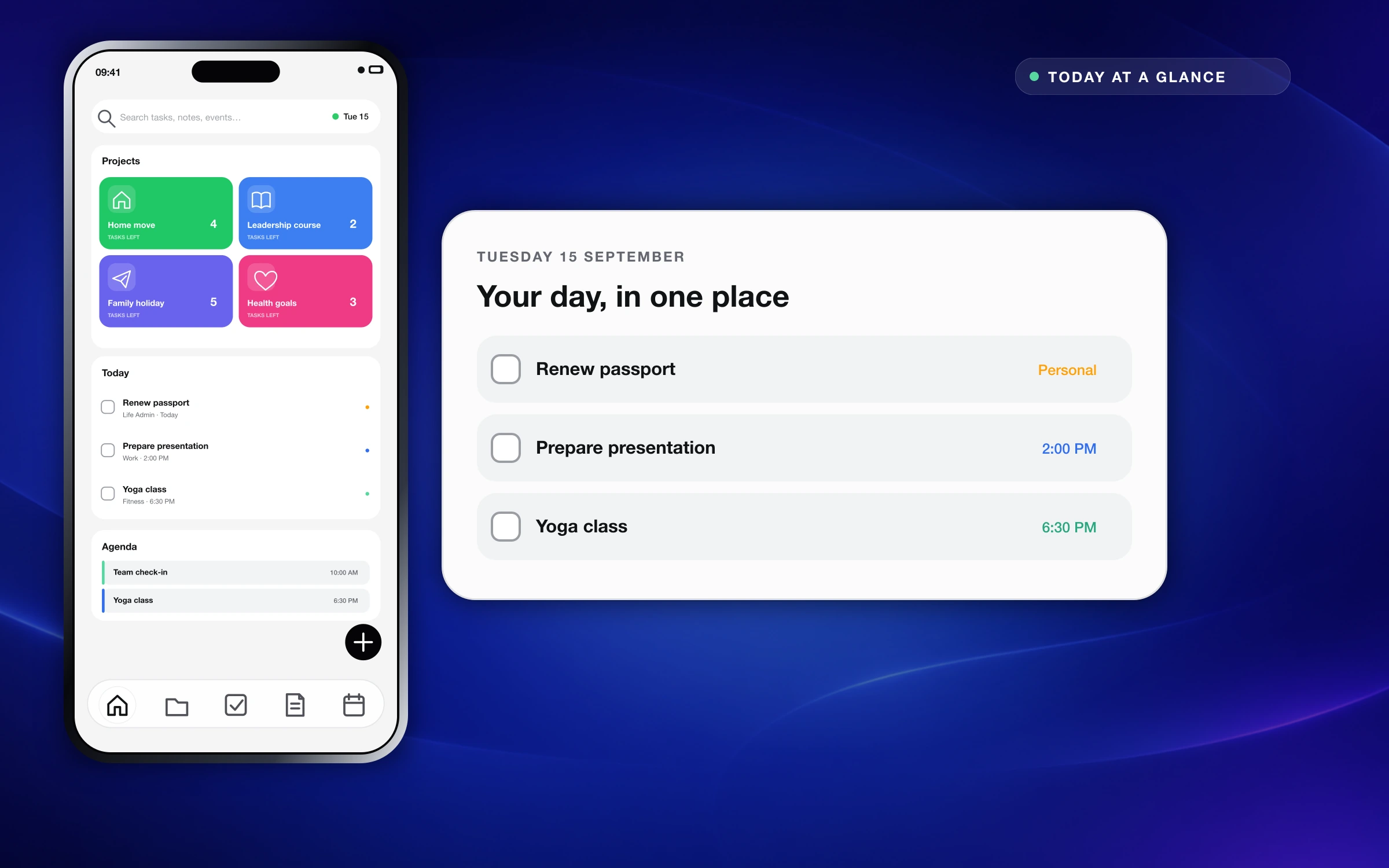 Noetic mobile workspace showing projects, today's tasks and agenda